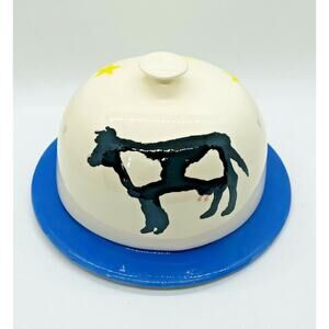Cow Stars Moon Cheese Cake Pastry Dish Covered Dome Gloche Pottery Stoneware